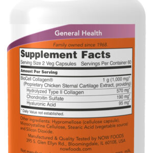 Colágeno Biocell Tipo Ii Hidrolisado 120 Cápsulas Now Foods Sabor No Flavor