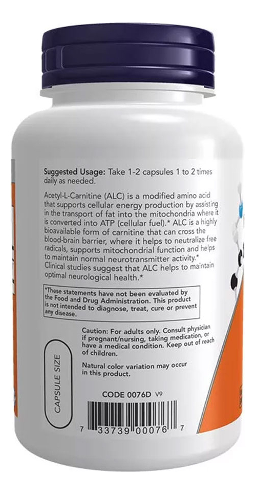 Acetil L-carnitina 500mg Now Foods 100 Vegcaps 3un - Imagem 5