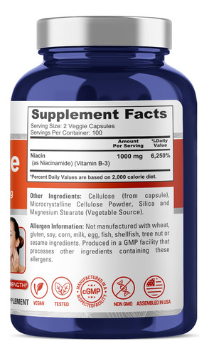 Suplemento Nusapure Niacinamida 1000 Mg 200 Cápsulas Vegetai - Imagem 2