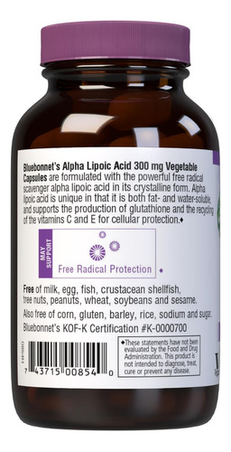 Suplemento De Ácido Alfa Lipóico Bluebonnet 300 Mg 60 Cápsul - Imagem 3