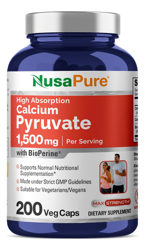 Piruvato De Cálcio Nusapure 1500 Mg 200 Cápsulas Vegetariana