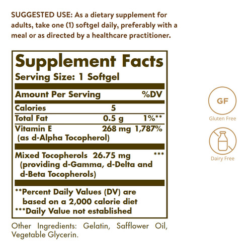 Suplemento Solgar De Vitamina E 268 Mg (400 Ui) 100 Cápsulas - Imagem 2