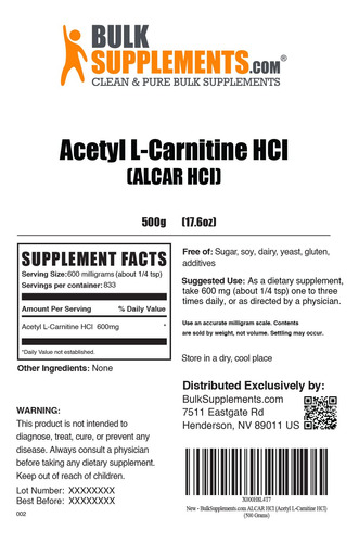Suplemento Bulksupplements.com Acetil L-carnitina Em Pó 500 - Imagem 2