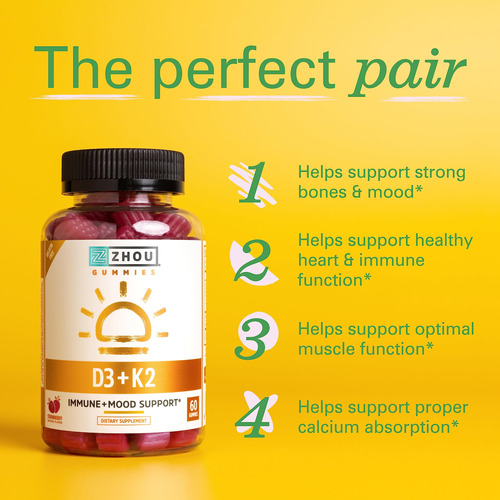 Gomas Zhou Nutrition Bone Heart Vitamin D3 K2 5000iu 60 - Imagem 3