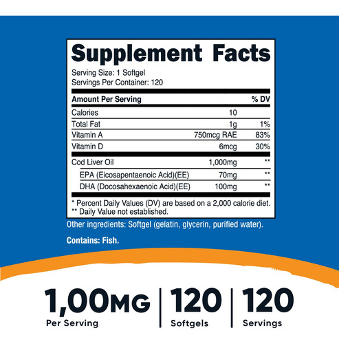 Óleo De Fígado De Bacalhau Nutricost 1000 Mg, 120 Cápsulas G - Imagem 2