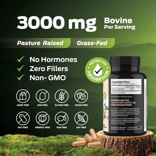 Suplemento De Fígado Bovino Forestleaf 3000 Mg 180 Cápsulas - Imagem 4