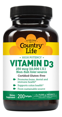 Suplemento Country Life Vitamina D3 10000 Ui 200 Cápsulas Ge
