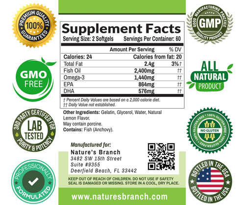 Suplemento De Óleo De Peixe Ômega 3 Nature"s Branch 2400 Mg - Imagem 5