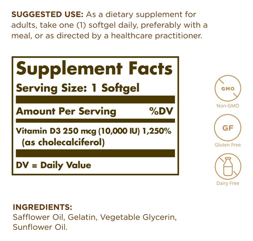 Suplemento Solgar De Vitamina D3 250mcg (10.000 Ui) 120 Cáps - Imagem 2