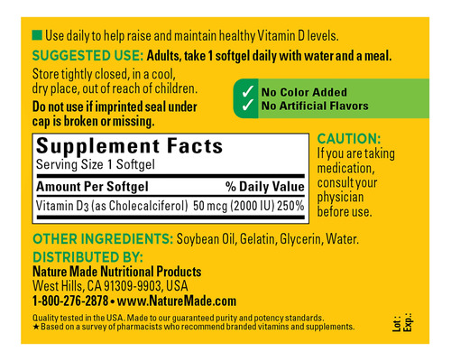 Suplemento Natural De Vitamina D3 2000 Ui 250 Cápsulas Gelat - Imagem 5