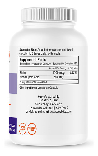 Suplemento De Ácido Alfa Lipóico Bestvite 600 Mg Com Biotina - Imagem 2