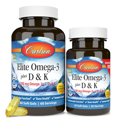 Suplemento Carlson Elite Omega-3 Plus D & K 60+30 Softgel - Imagem 5
