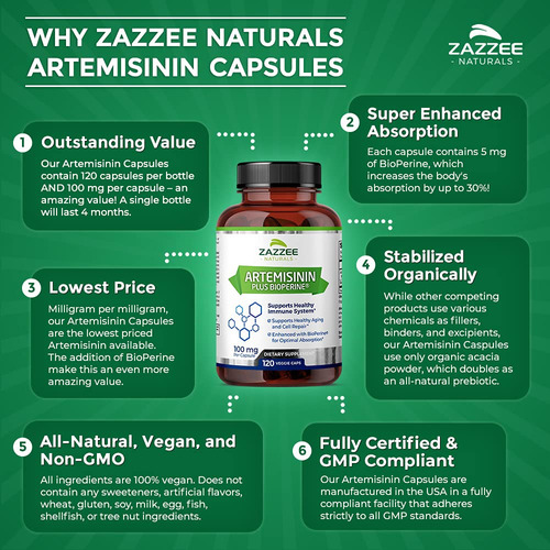 Suplemento Zazzee: Artemisinina, 100 Mg, Cápsulas, 120 Vegan - Imagem 7