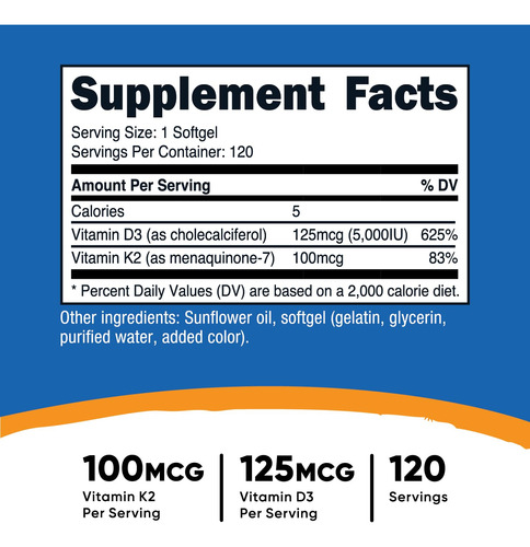 Suplemento Nutricost Vitamina K2 (mk7) 100mcg + Vitamina D3 - Imagem 2