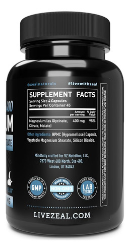 Suplemento Zeal Naturals Magnésio Quelatado 400 Mg 180 Cápsu - Imagem 4