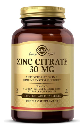 Suplemento Solgar Citrato De Zinco 30mg 100 Cápsulas Veganas