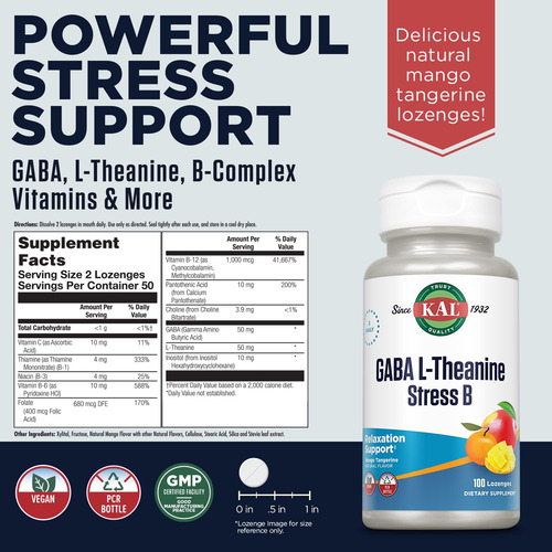 Suplemento Kal Gaba L-teanina Stress B Lozenge 100ct - Imagem 3