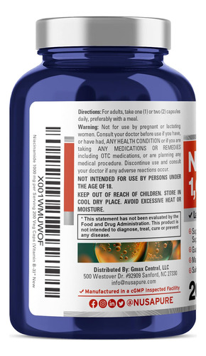 Suplemento Nusapure Niacinamida 1000 Mg 200 Cápsulas Vegetai - Imagem 3
