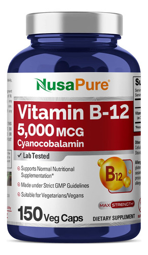 Suplemento De Vitamina B12 Nusapure 5000mcg 150 Cápsulas Veg
