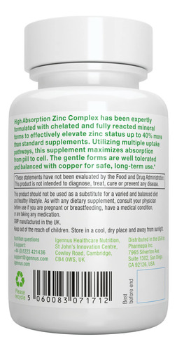 Suplemento Igennus Healthcare Nutrition Zinc Complex 25 Mg - Imagem 7