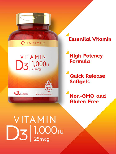 Suplemento De Vitamina D3 Carlyle 1000 Ui 400 Cápsulas De Ge - Imagem 3