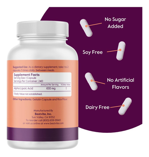 Suplemento De Ácido Alfa Lipóico Bestvite 100mg (240 Cápsula - Imagem 2