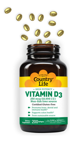 Suplemento Country Life Vitamina D3 10000 Ui 200 Cápsulas Ge - Imagem 3
