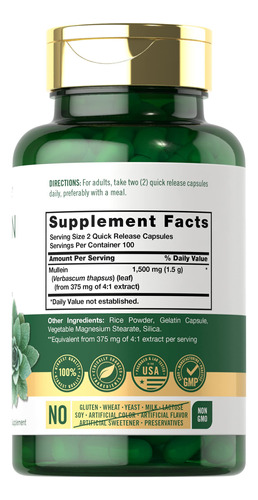 Suplemento Carlyle Mullein Leaf Extract 1500mg 200 Cápsulas - Imagem 2
