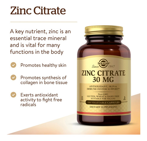 Suplemento Solgar Citrato De Zinco 30mg 100 Cápsulas Veganas - Imagem 3