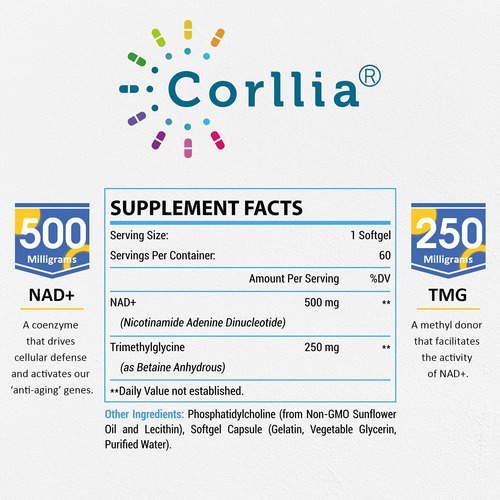 Suplemento Corllia Lipossomal Nad+ 500 Mg Com Tmg 250 Mg Sof - Imagem 2