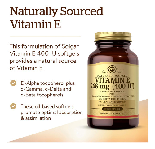 Suplemento Solgar De Vitamina E 268 Mg (400 Ui) 100 Cápsulas - Imagem 3
