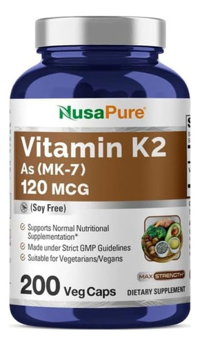 Suplemento Nusapure Vitamina K2 Mk7 120mcg 200 Cápsulas Vege