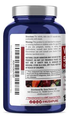 Suplemento De Vitamina B12 Nusapure 5000mcg 150 Cápsulas Veg - Imagem 3