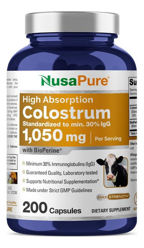 Suplemento Nusapure Colostrum 1050mg 30% Igg 200 Cápsulas