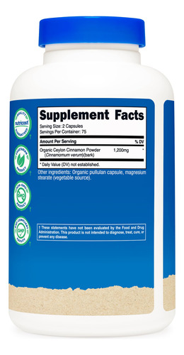 Suplemento Nutricost Cinnamon Ceylon 150 Cápsulas 1200 Mg - Imagem 5