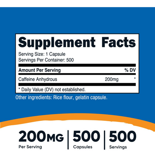 Comprimidos De Cafeína Nutricost 200 Mg/cápsulas (500 Cápsul - Imagem 2