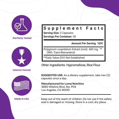 Suplemento De Chá Luma Nutrition Resveratrol High Purity 98% - Imagem 2