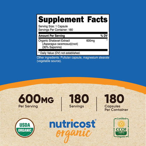 Suplemento Nutricost Shatavari 600mg 180 Cápsulas Orgânicas - Imagem 3