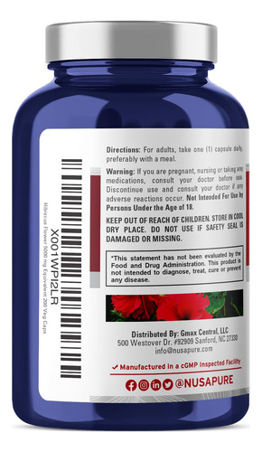 Suplemento Nusapure Hibiscus Flower 5000 Mg 200 Cápsulas - Imagem 3