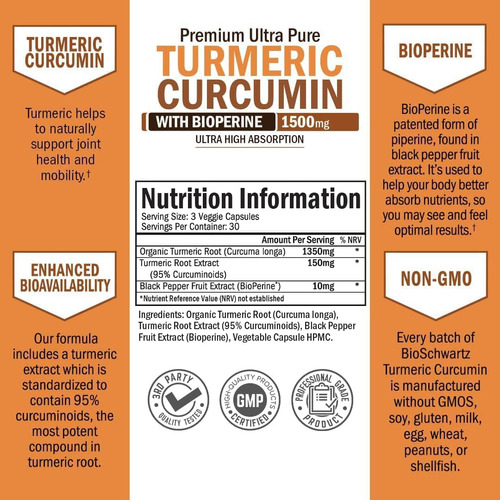 Suplemento Bioschwartz Curcuma Curcumina 1500 Mg Com Bioperi - Imagem 3