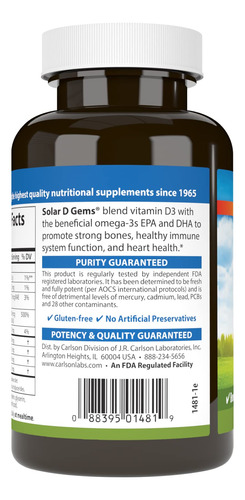 Suplemento Carlson Solar D Gems Vitamina D3 4000 Iu Com Ômeg - Imagem 3