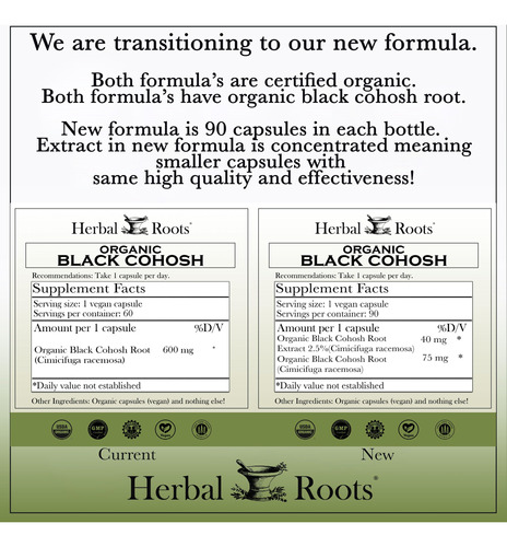 Suplemento Herbal Roots Black Cohosh Root 600mg 60 Cápsulas - Imagem 2