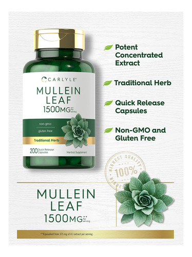 Suplemento Carlyle Mullein Leaf Extract 1500mg 200 Cápsulas - Imagem 3