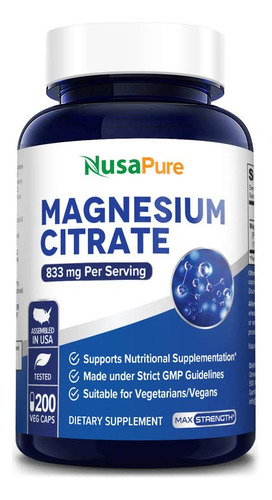 Suplemento Nusapure Citrato De Magnésio 833mg 200 Cápsulas