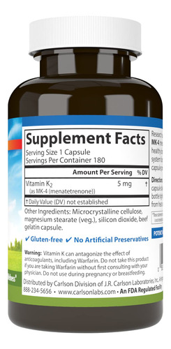 Suplemento De Vitamina K2 Carlson 5mg Mk-4 180 Cápsulas - Imagem 2