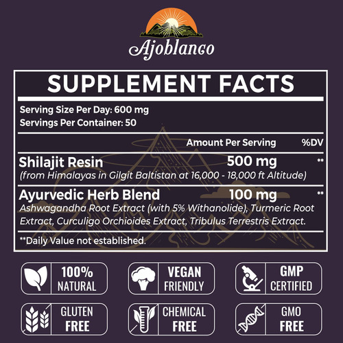 Suplemento De Resina Ajoblanco Shilajit 600 Mg, Pacote X2 Do - Imagem 2