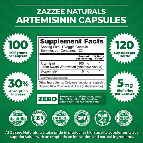 Suplemento Zazzee: Artemisinina, 100 Mg, Cápsulas, 120 Vegan - Imagem 3