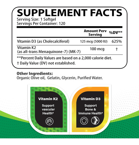 Suplemento Nutritunes Vitamina K2+ D3 5000iu (120 Cápsulas) - Imagem 3