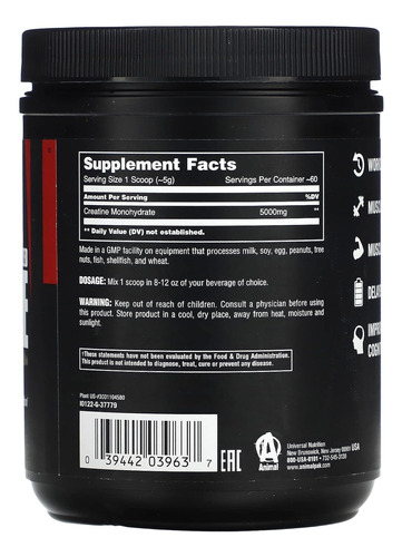 Suplemento Monohidratado De Creatina Micronizada Animal 300g - Imagem 3