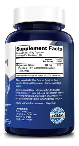 Suplemento Nusapure Citrato De Magnésio 833mg 200 Cápsulas - Imagem 3